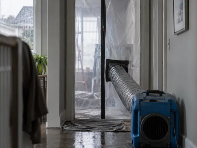 A doorway sealed with plastic sheeting fitted with a zip, ducting from a negative air machine running through it